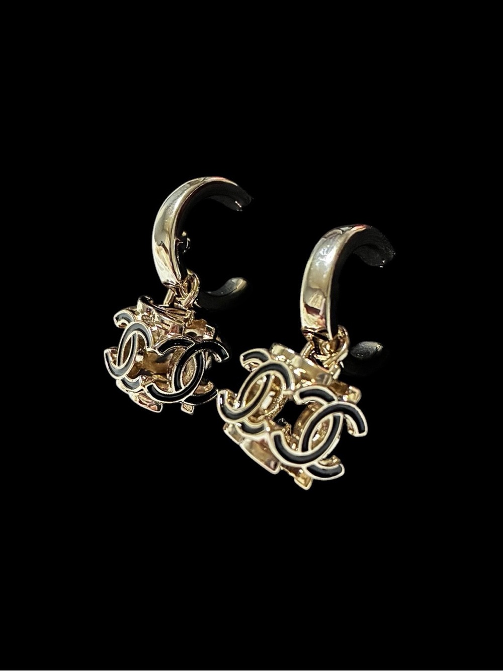 Double C Hoop Cube Logo Light Gold and Black Earrings For Pierced Ears